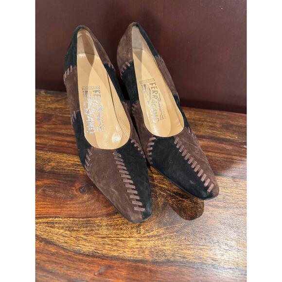Ferragamo Color Block Patchwork Heels – Black & Brown Suede – Size 6 - Picture 4 of 7